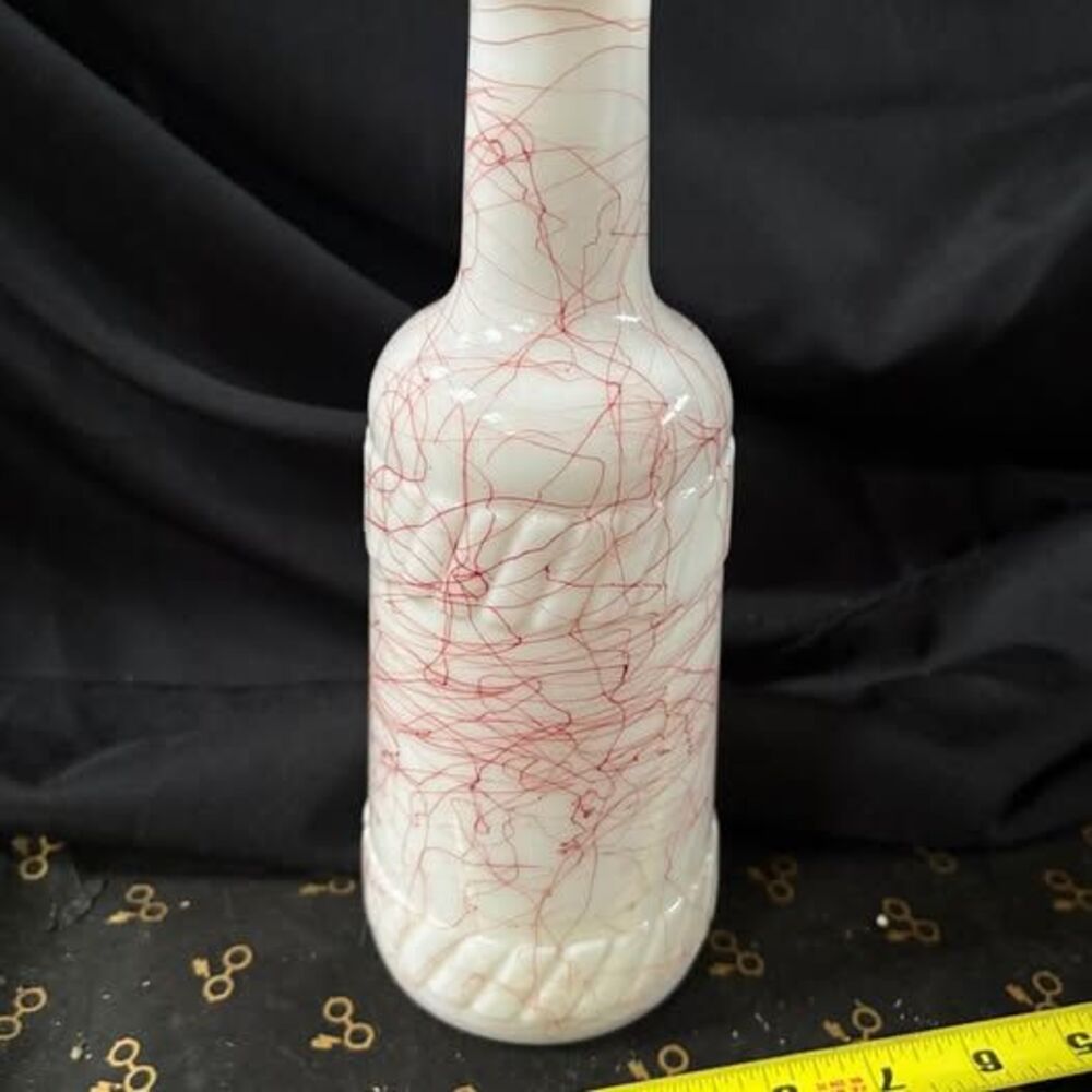vintage Hazel-Atlas milk glass decanter vase bottle red "spaghetti” pattern